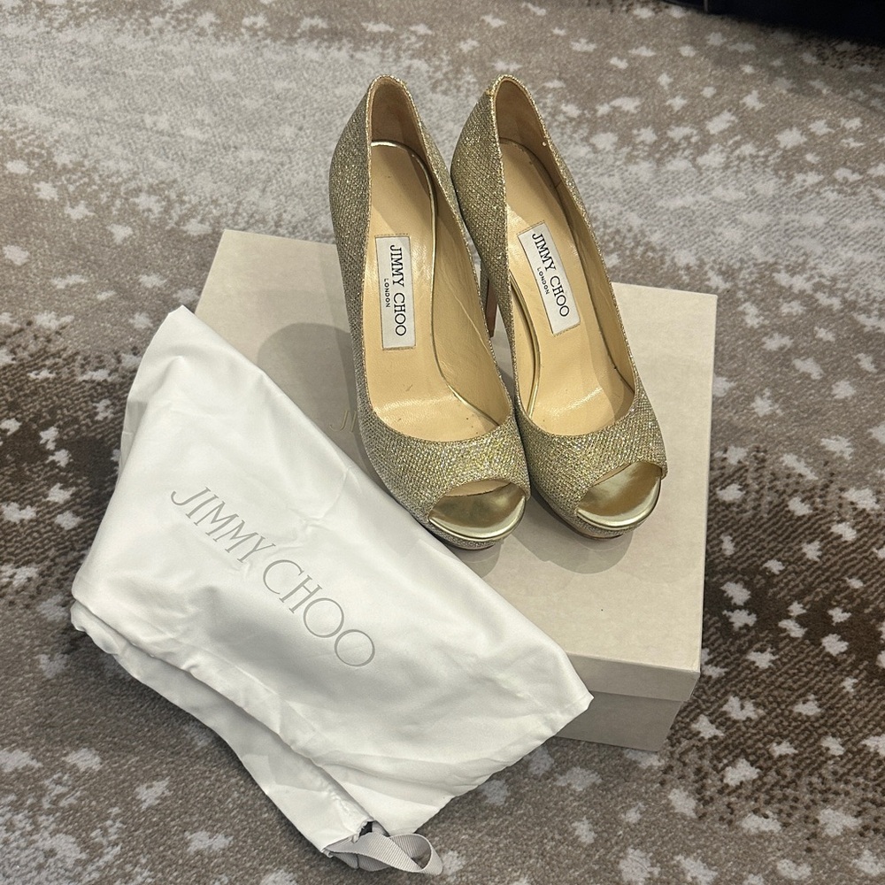 Jimmy Choo Glittering Gold Peep Toe Heels